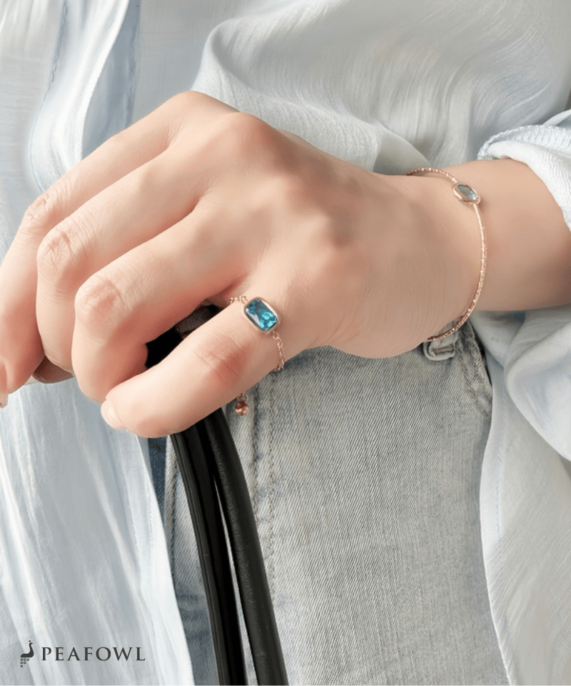 Aqua Square Slider Ring - peafowl