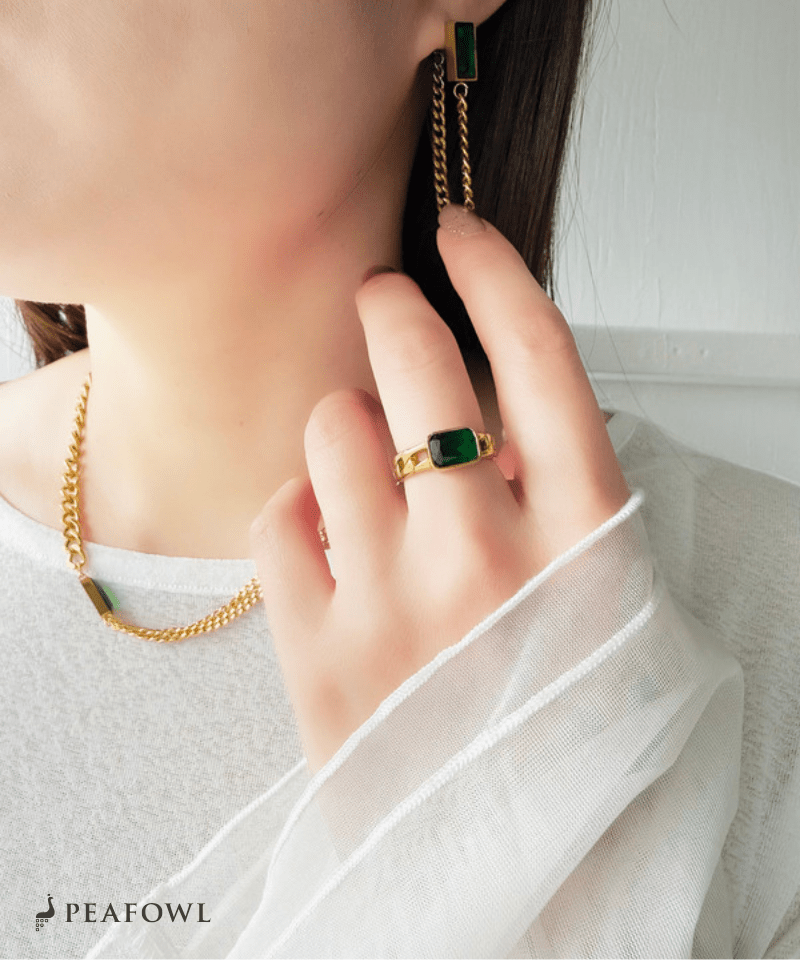 Chain Square Stone Ring - peafowl