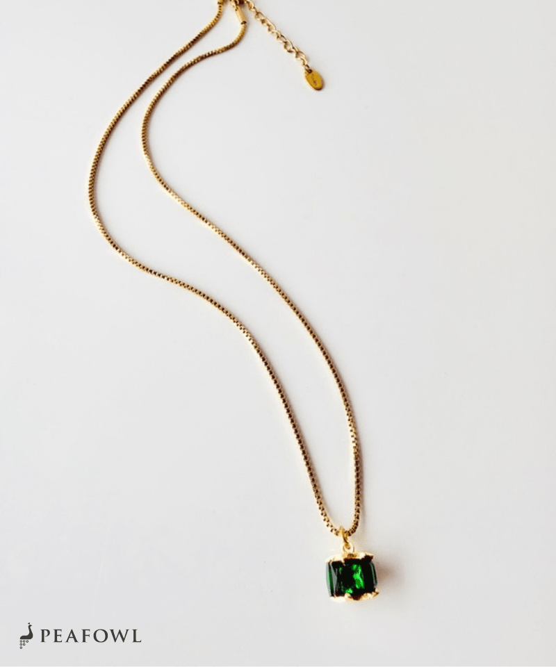 Green Square Chain Necklace - peafowl