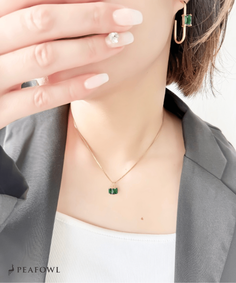 Green Square Chain Necklace - peafowl