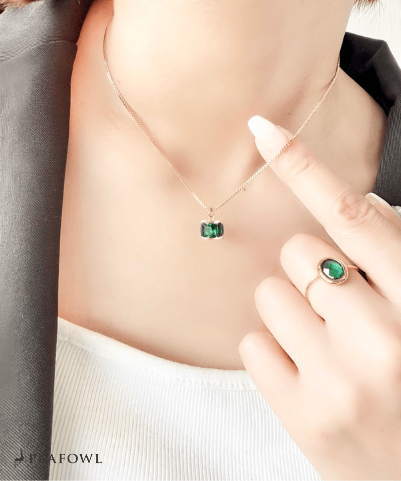 Green Square Chain Necklace - peafowl