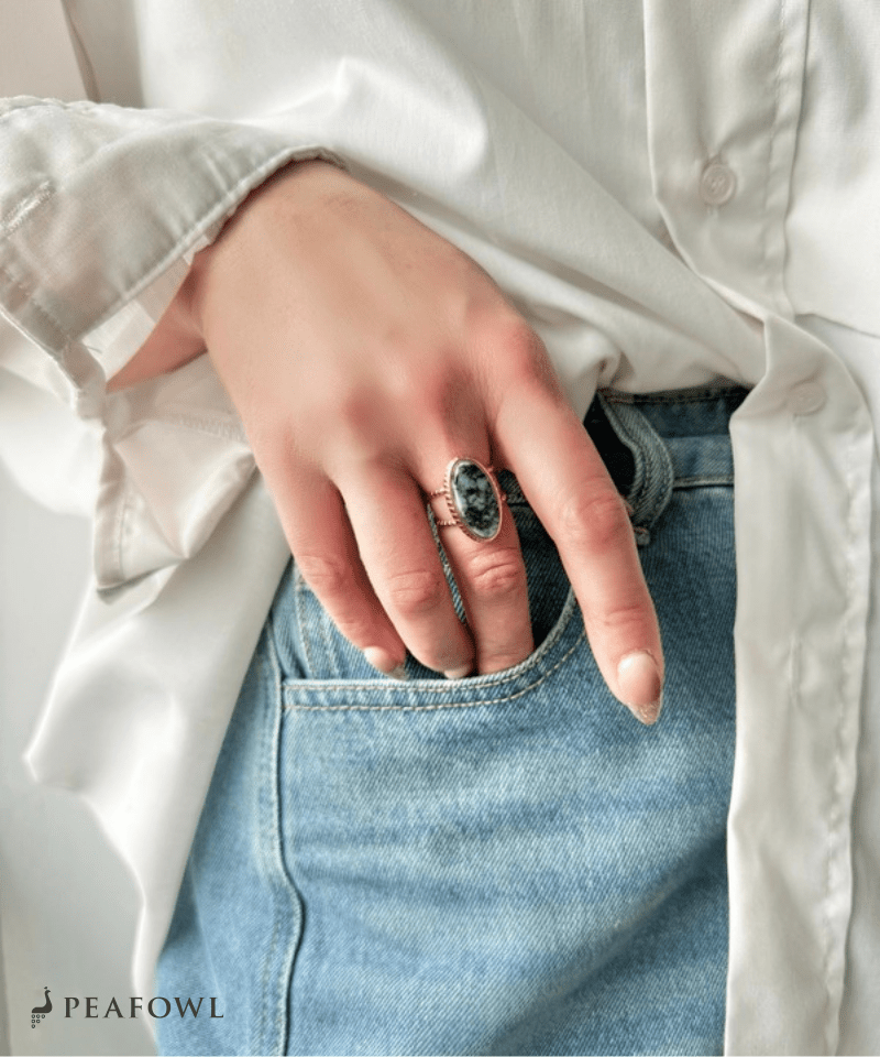 Moss Oval Ring - peafowl
