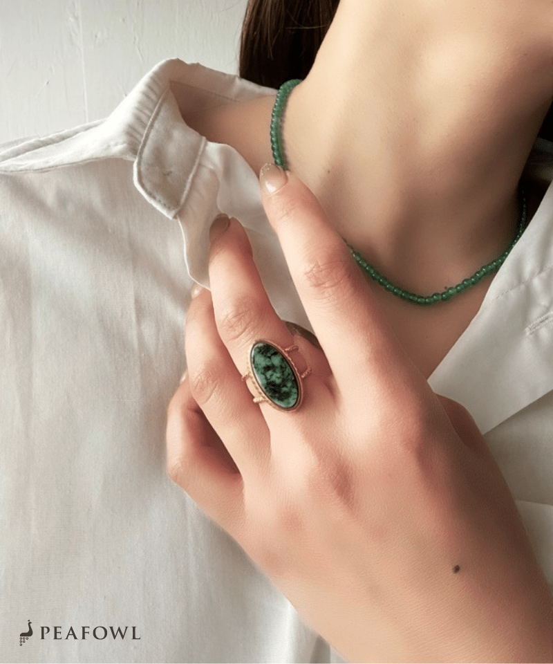 Moss Oval Ring - peafowl