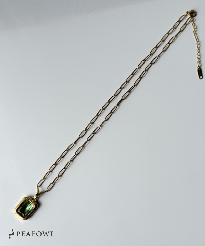 Rectangle Green Chain Necklace - peafowl