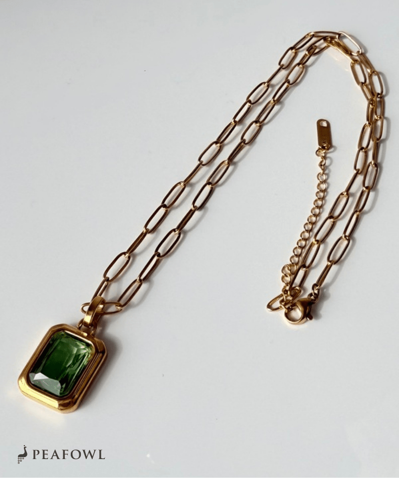 Rectangle Green Chain Necklace - peafowl