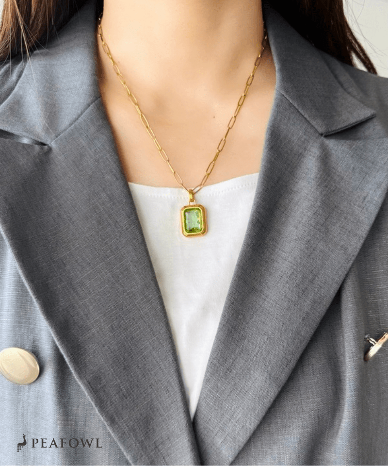 Rectangle Green Chain Necklace - peafowl