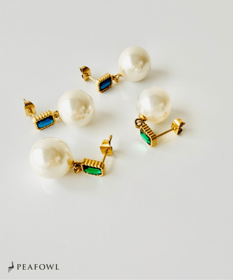 Rectangle Jewel Pearl Pierce - peafowl
