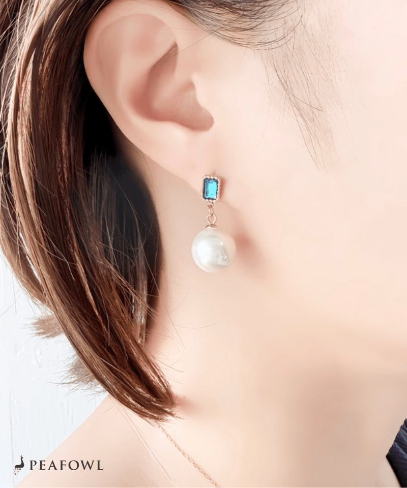 Rectangle Jewel Pearl Pierce - peafowl