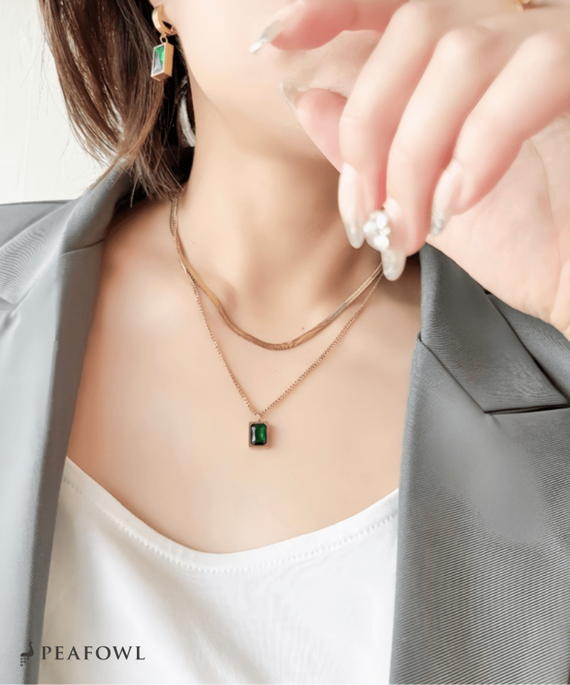 Square Bijou Layered Necklace - peafowl