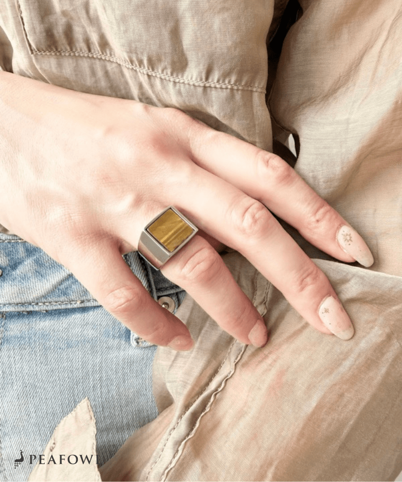 Square Plate Stone Ring - peafowl