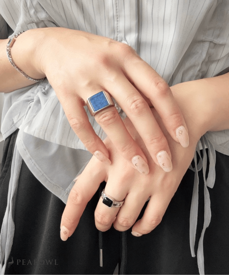 Square Plate Stone Ring - peafowl