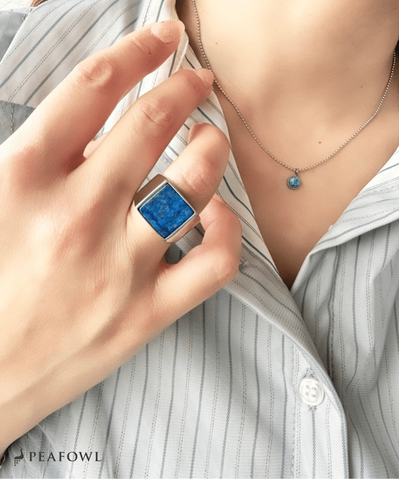 Square Plate Stone Ring - peafowl