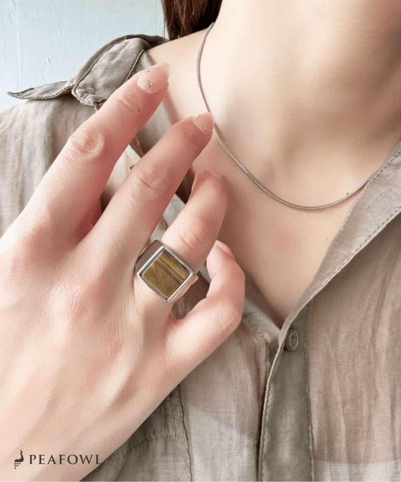 Square Plate Stone Ring - peafowl