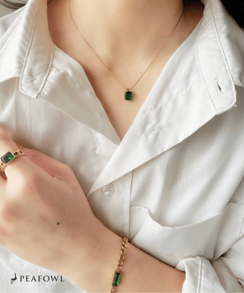 Square Stone Chain Necklace - peafowl