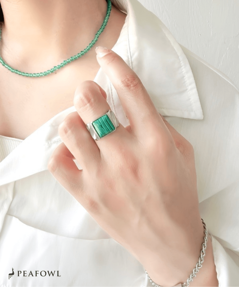 Square Stone Wide Ring - peafowl