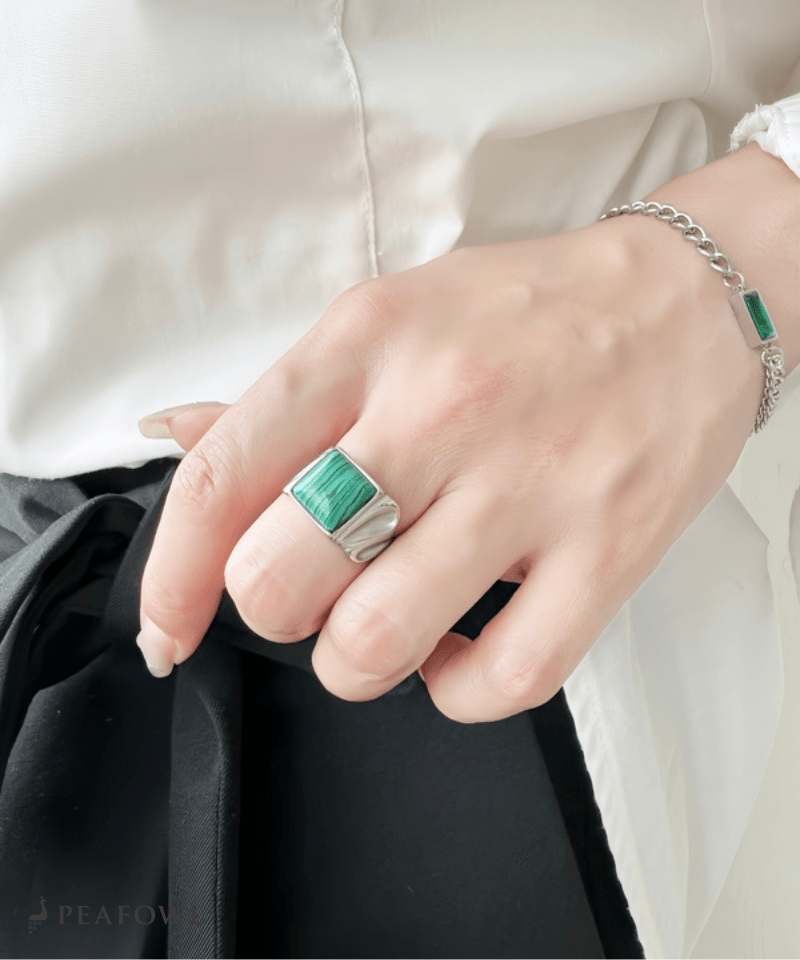 Square Stone Wide Ring - peafowl