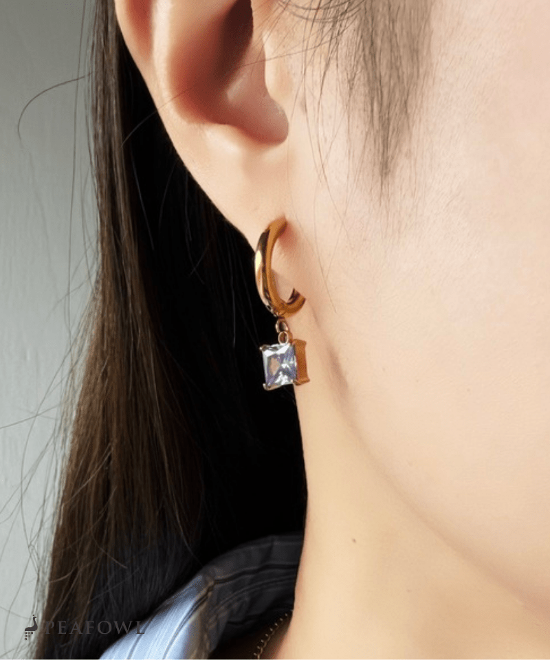 Square Zircon Hoop Pierce - peafowl