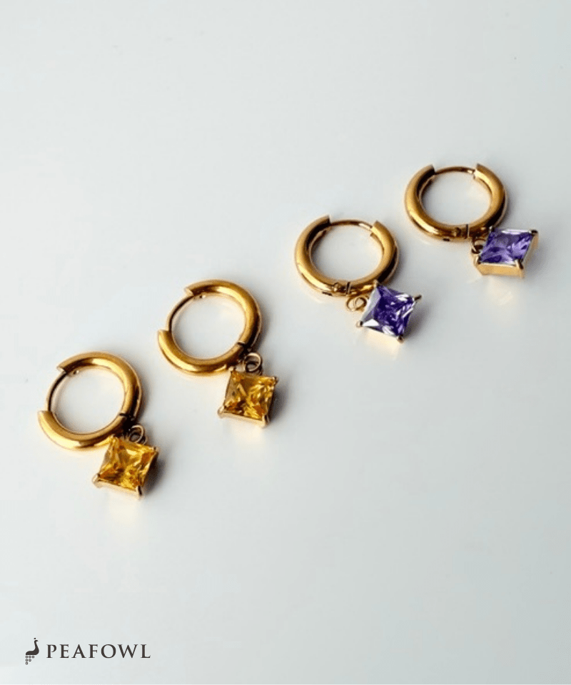 Square Zircon Hoop Pierce - peafowl