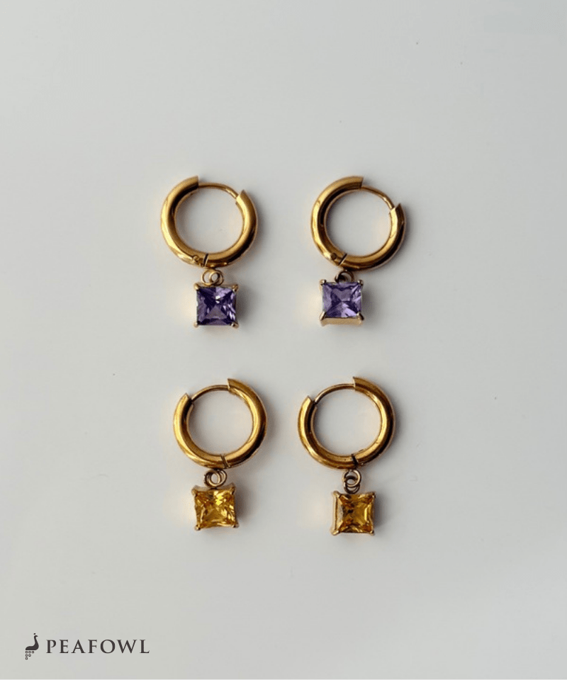Square Zircon Hoop Pierce - peafowl