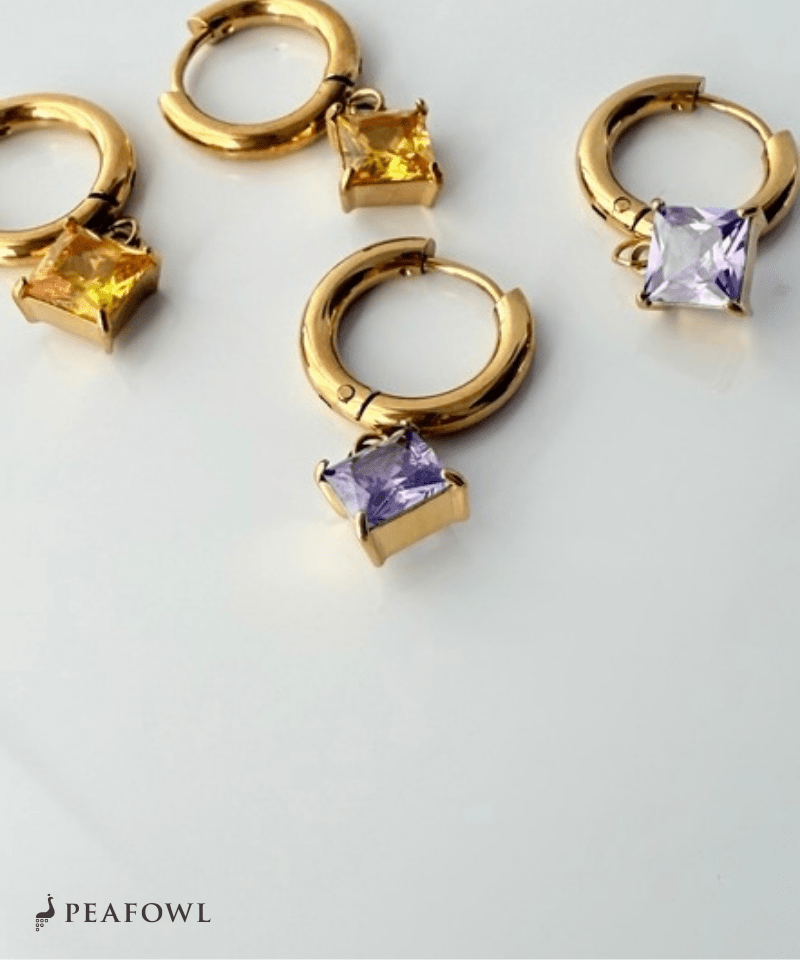 Square Zircon Hoop Pierce - peafowl