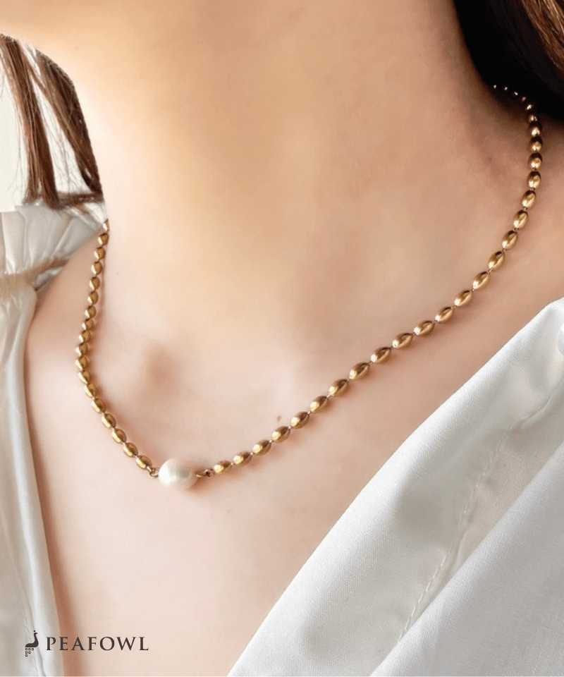 Stone Rice Ball Chain Necklace - peafowl