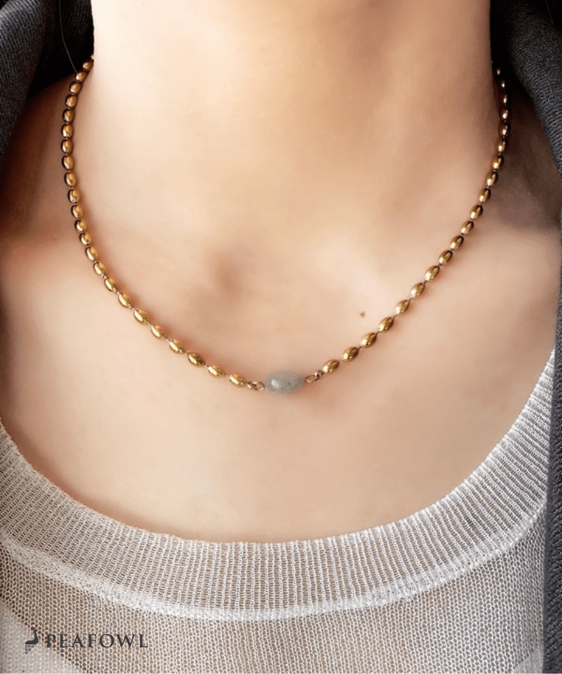 Stone Rice Ball Chain Necklace - peafowl