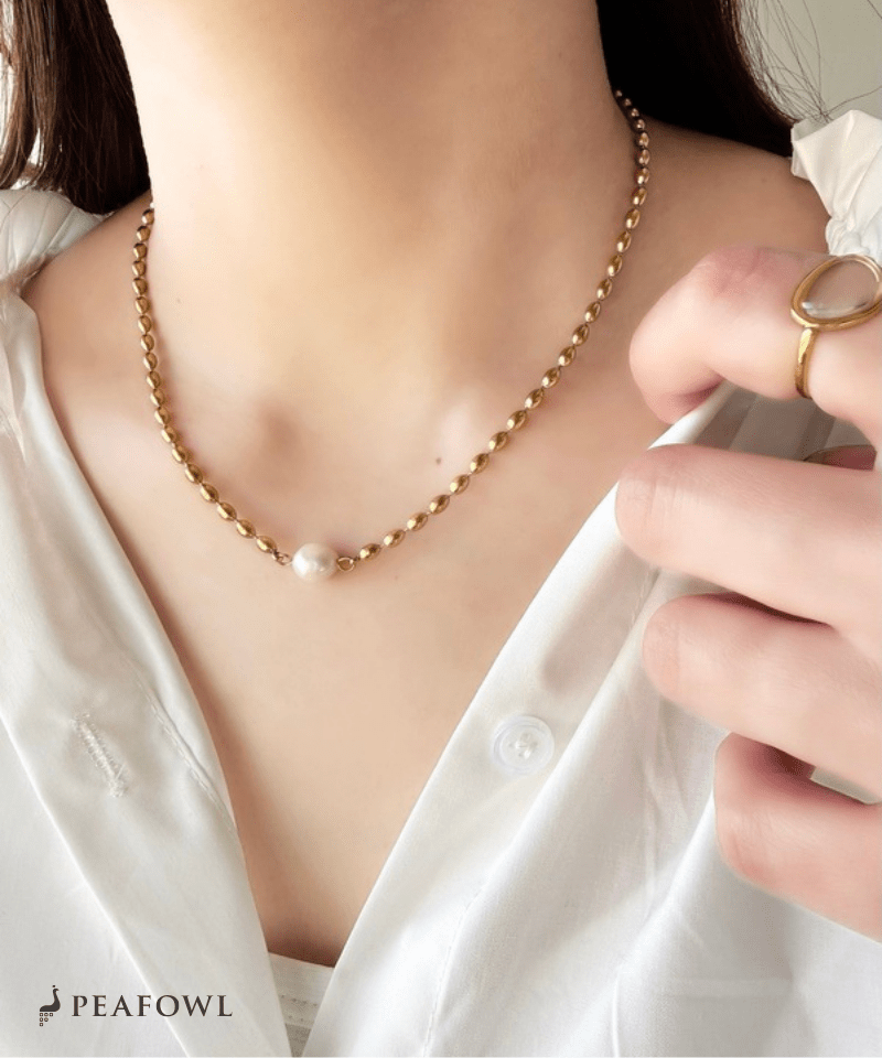 Stone Rice Ball Chain Necklace - peafowl