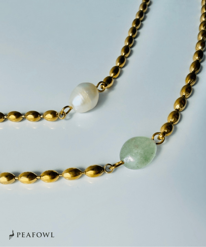 Stone Rice Ball Chain Necklace - peafowl