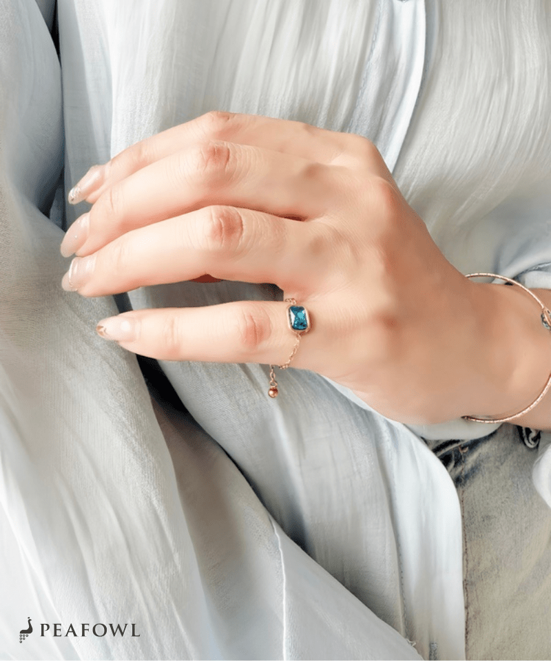 Aqua Square Slider Ring - peafowl