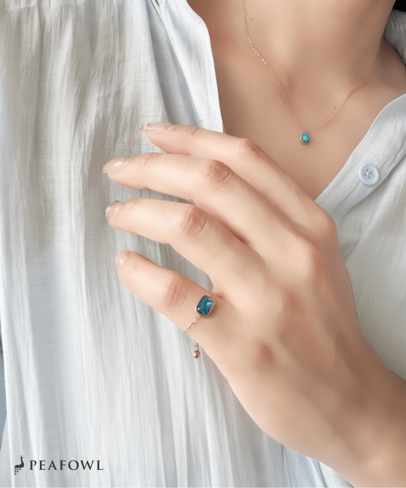 Aqua Square Slider Ring - peafowl
