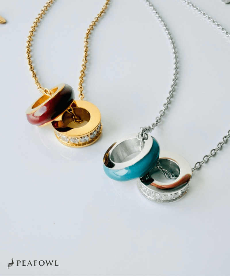 Double Ring Layer Necklace - peafowl