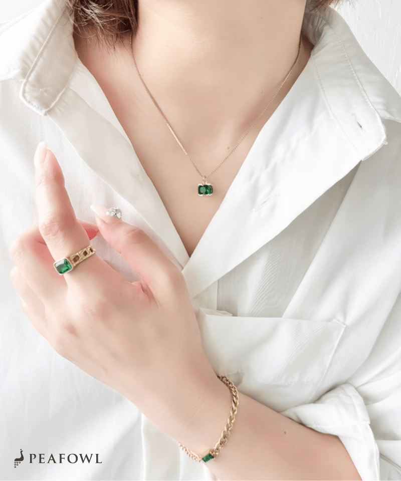 Green Square Chain Necklace - peafowl