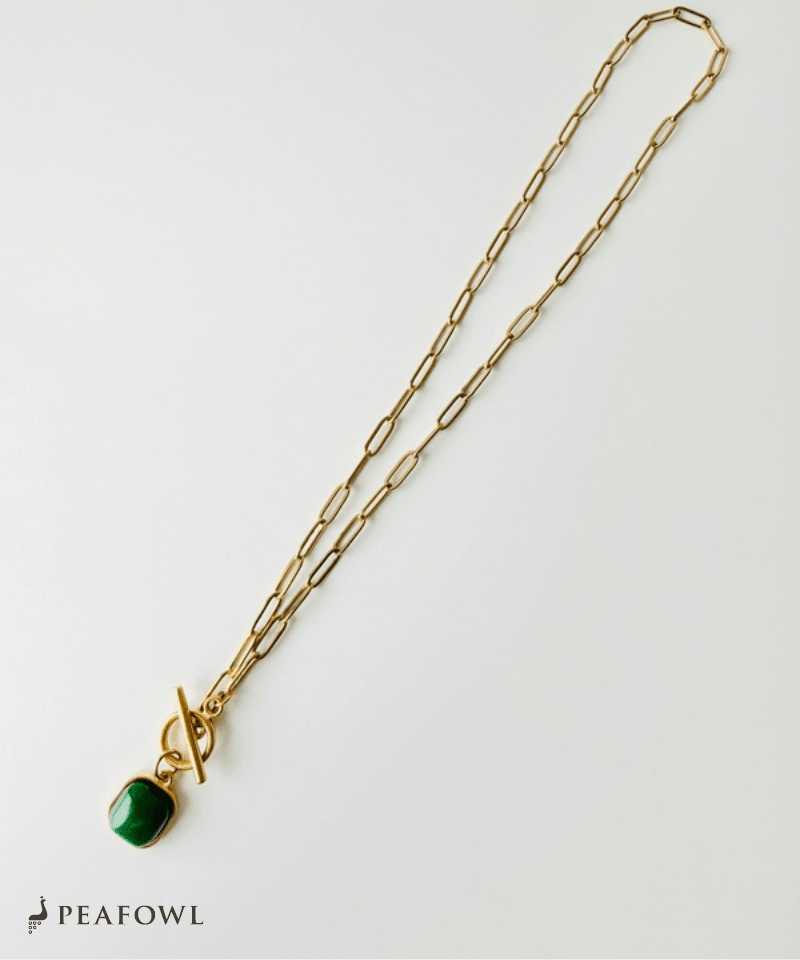 Green Stone Chain Necklace - peafowl