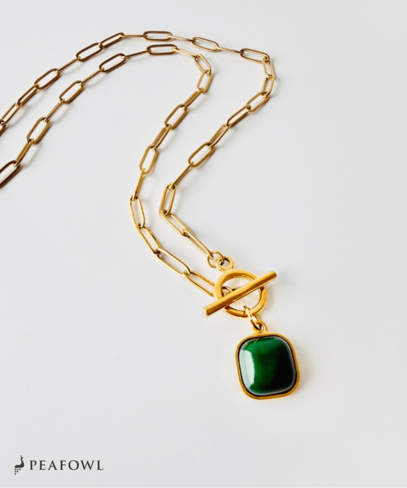 Green Stone Chain Necklace - peafowl