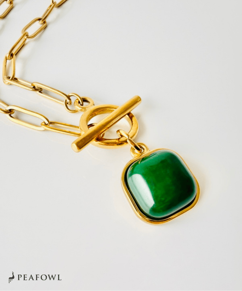 Green Stone Chain Necklace - peafowl