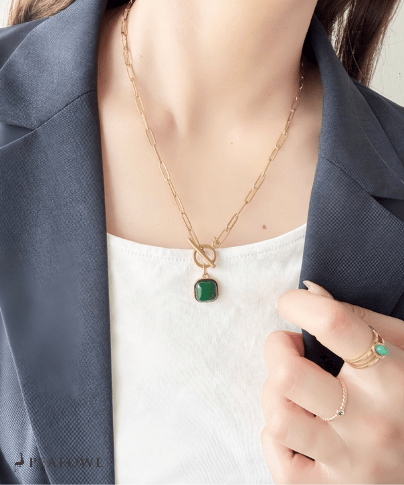 Green Stone Chain Necklace - peafowl