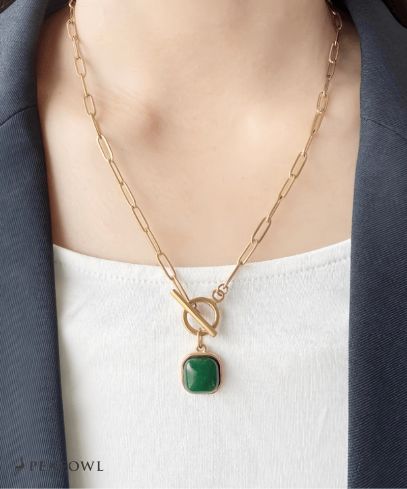 Green Stone Chain Necklace - peafowl