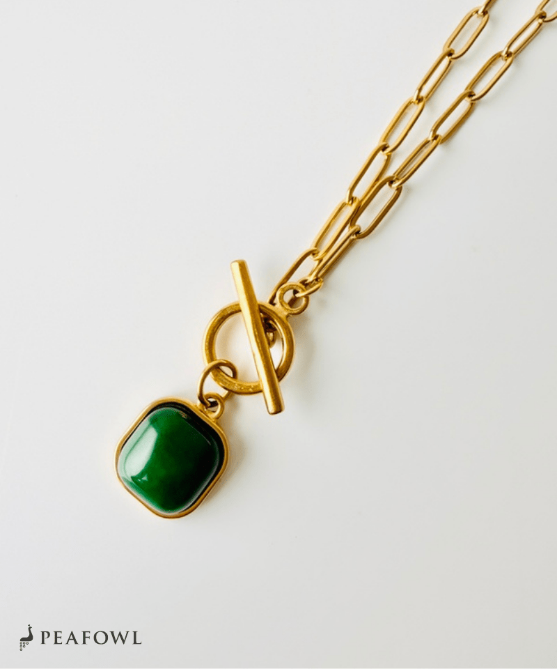 Green Stone Chain Necklace - peafowl