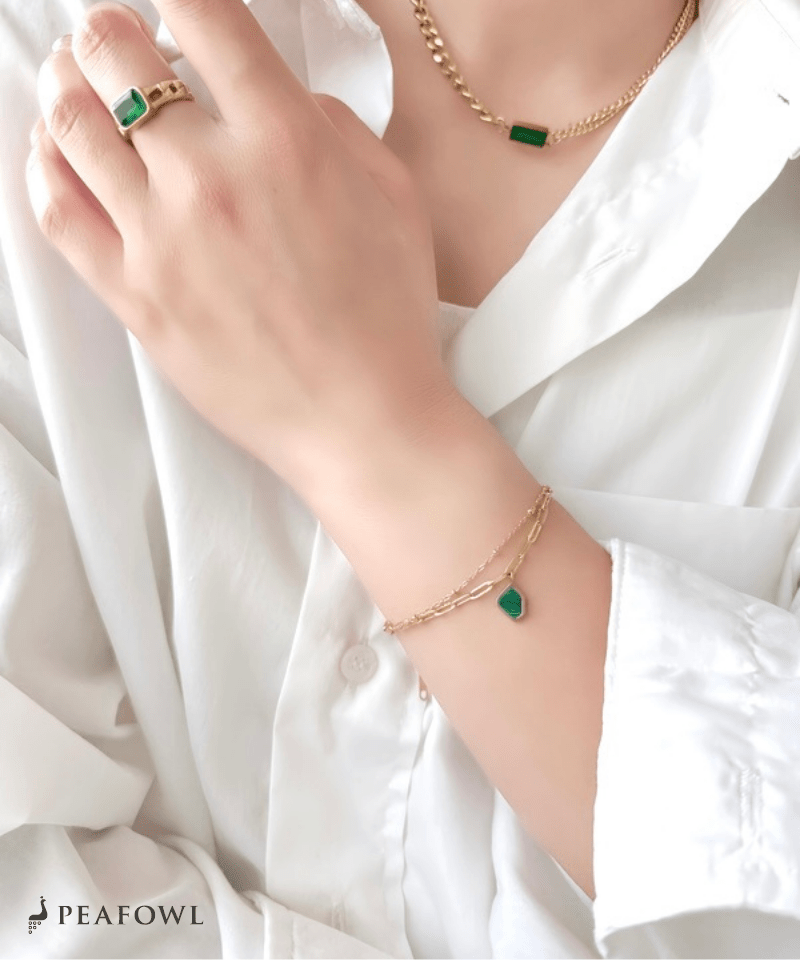 Green Stone Layered Bracelet - peafowl