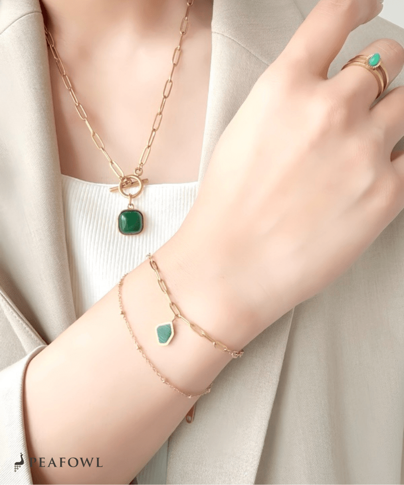 Green Stone Layered Bracelet - peafowl