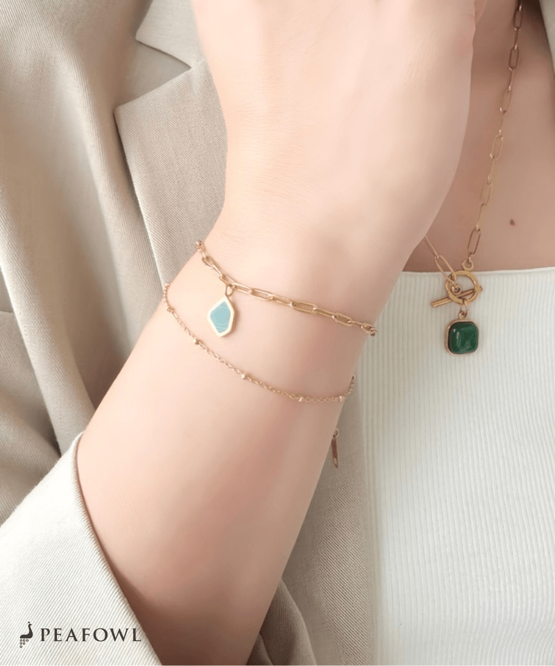 Green Stone Layered Bracelet - peafowl