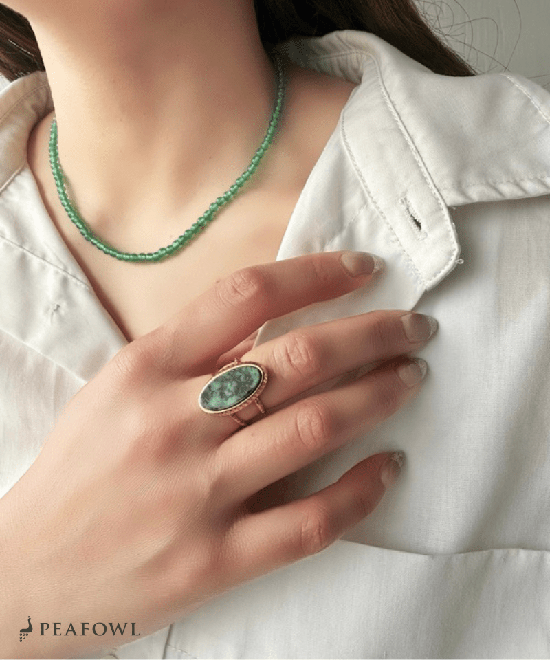 Moss Oval Ring - peafowl
