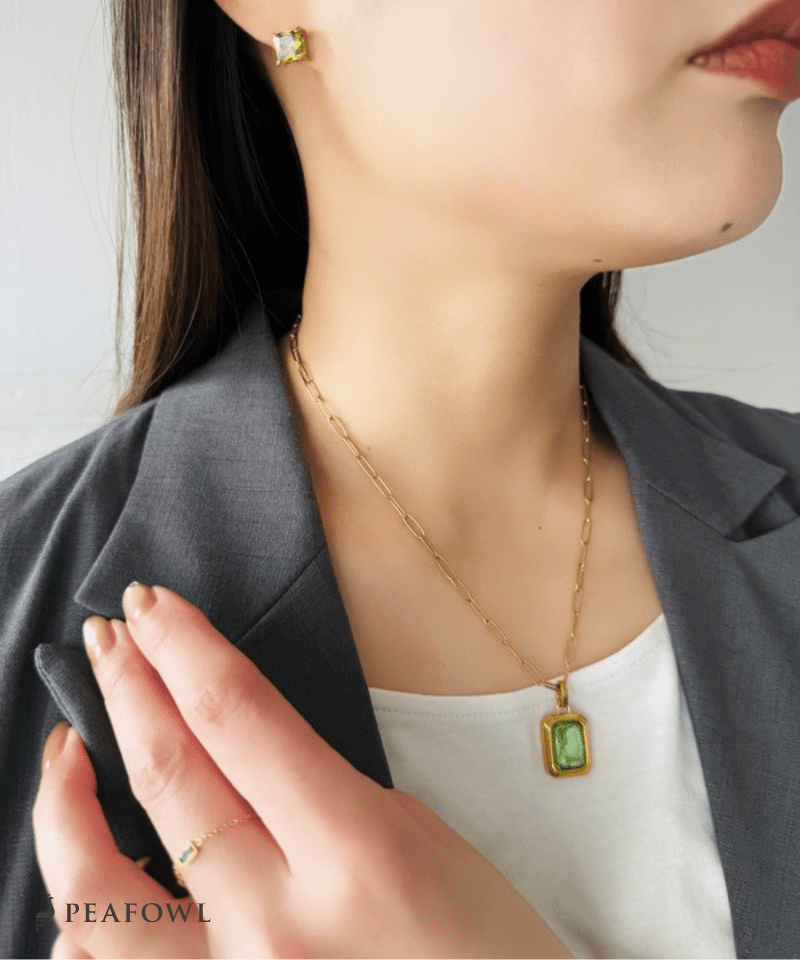 Rectangle Green Chain Necklace - peafowl
