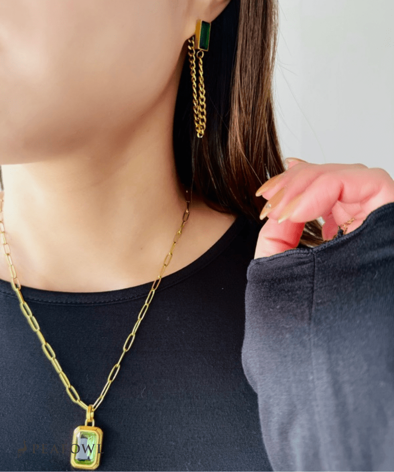 Rectangle Green Chain Necklace - peafowl