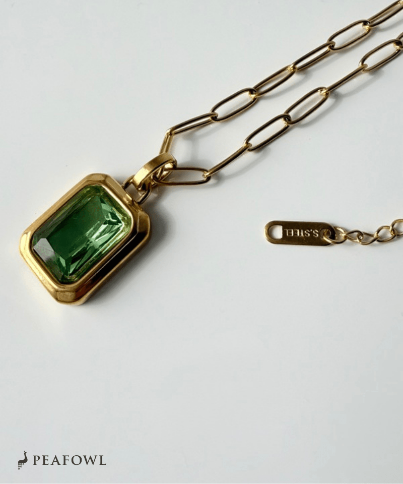 Rectangle Green Chain Necklace - peafowl