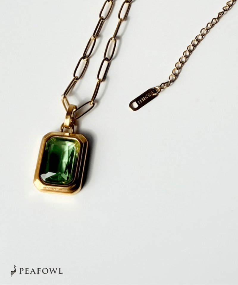 Rectangle Green Chain Necklace - peafowl