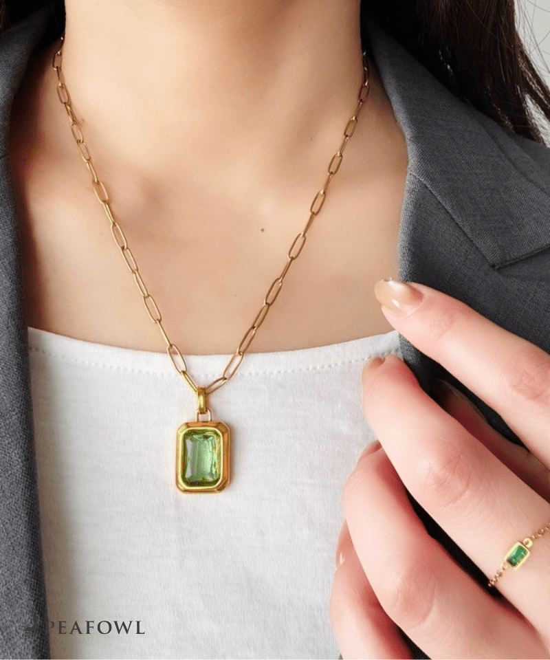 Rectangle Green Chain Necklace | 金属アレルギー対応アクセサリー