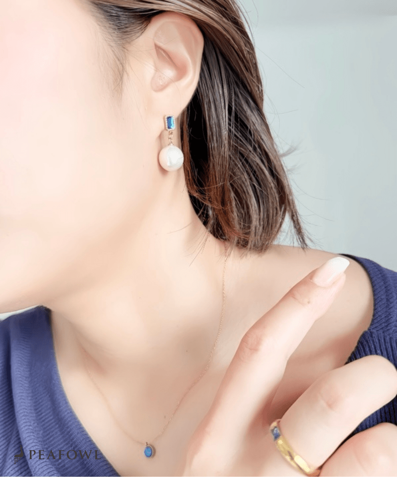Rectangle Jewel Pearl Pierce - peafowl