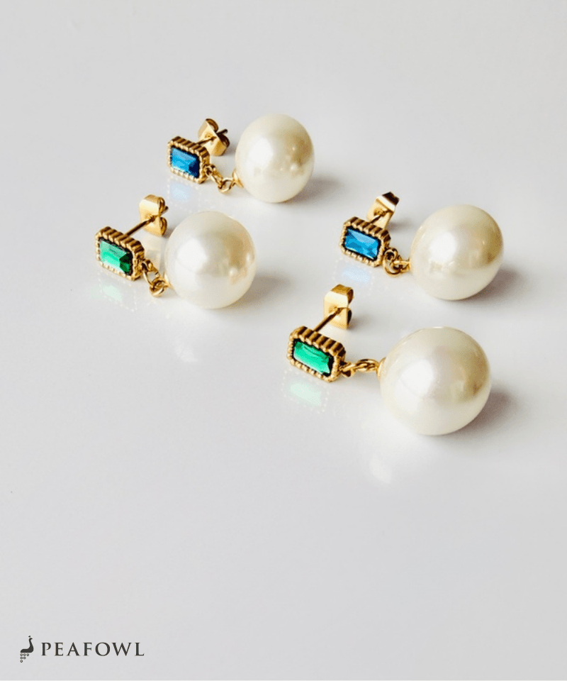Rectangle Jewel Pearl Pierce - peafowl