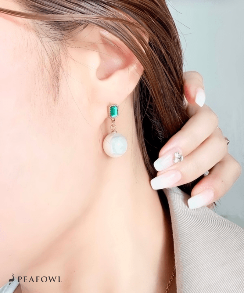 Rectangle Jewel Pearl Pierce - peafowl